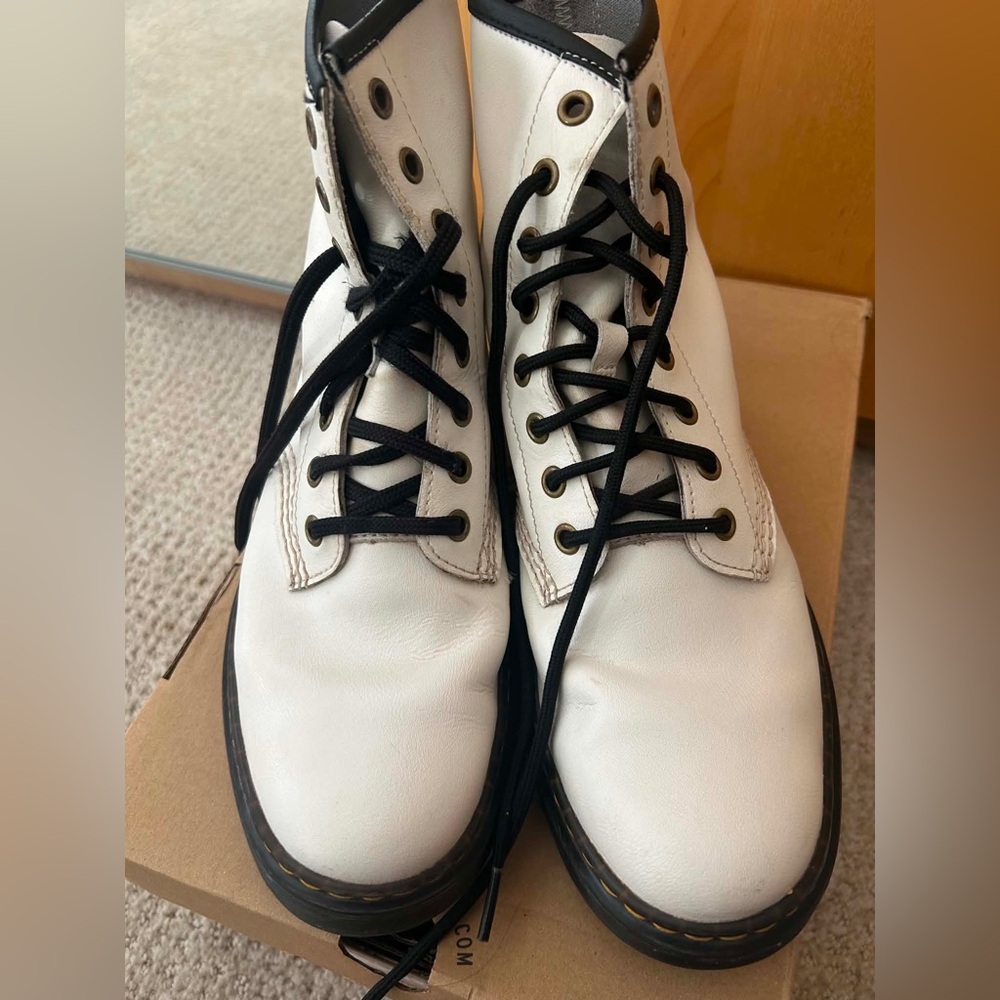 Dr. Martens White Leather Lace-Up Boots with Black Laces